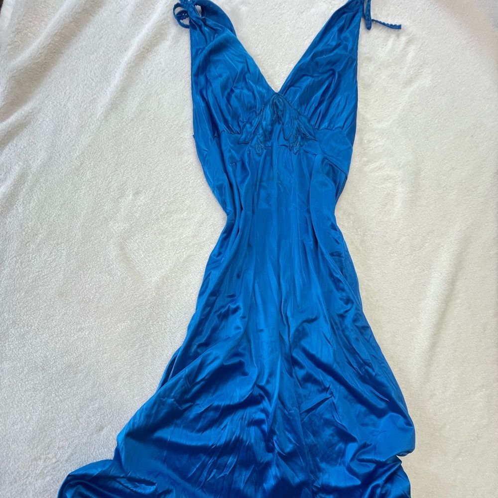 Rare Vanity Fair Blue Floral Satin Maxi Dress Size Small - Picture 5 of 9